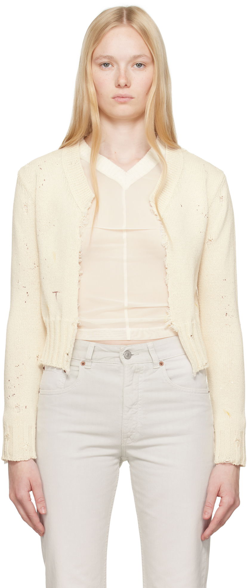 Džemper Maison Margiela MM6 Maison Margiela Paint Knit Cropped Cardigan Bijela | S62HP0027 M13123