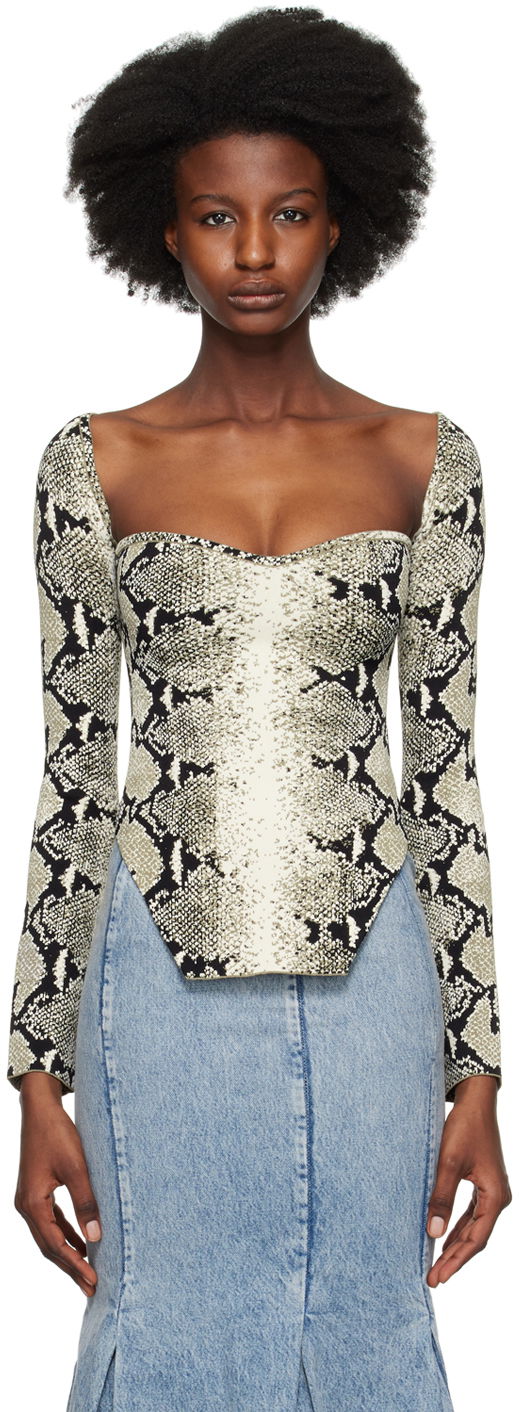 Majica bez rukava Khaite Maddy Snakeskin Print Long Sleeve Top Crna | 9184417
