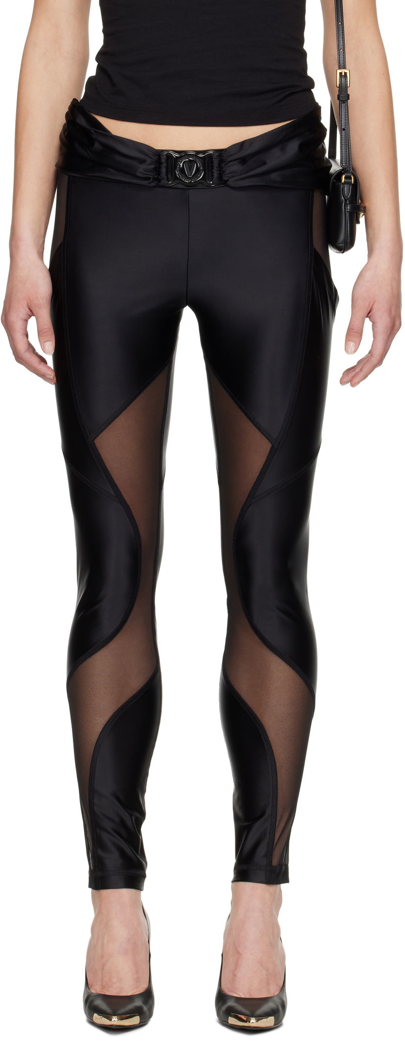 Tajice Versace Versace Jeans Couture V-Emblem Sheer Panel Leggings Crna | E78HAC103_EJ0223