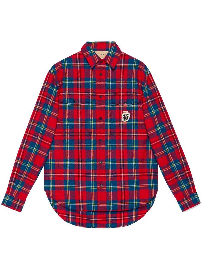 Košulja Gucci Tartan Skunk-Patch Shirt Red Crvena | 720960 ZAK7U 6499