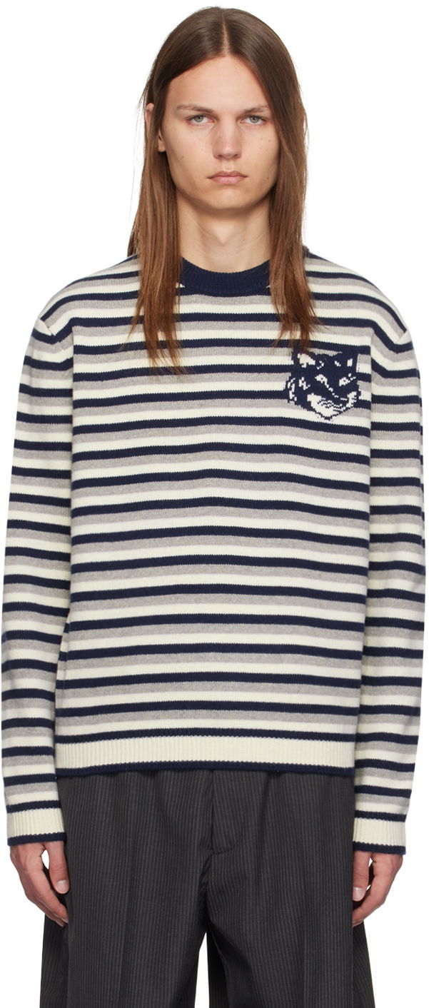 Džemper MAISON KITSUNÉ Striped Fox Head Intarsia Sweater Plava | NM00802KM0329