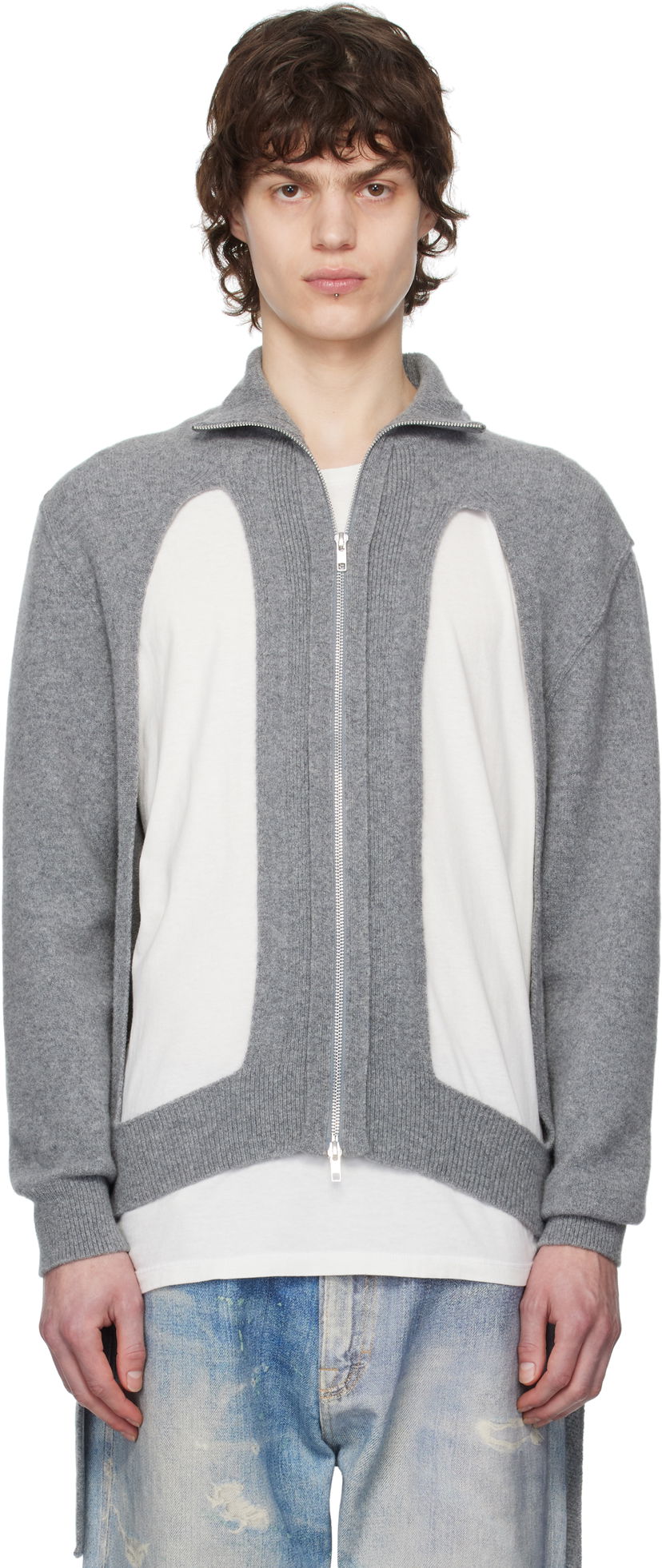 Džemper Simone Rocha Simone Rocha Zip Up Cut Out Window Cardigan Siva | LMK4M 0660