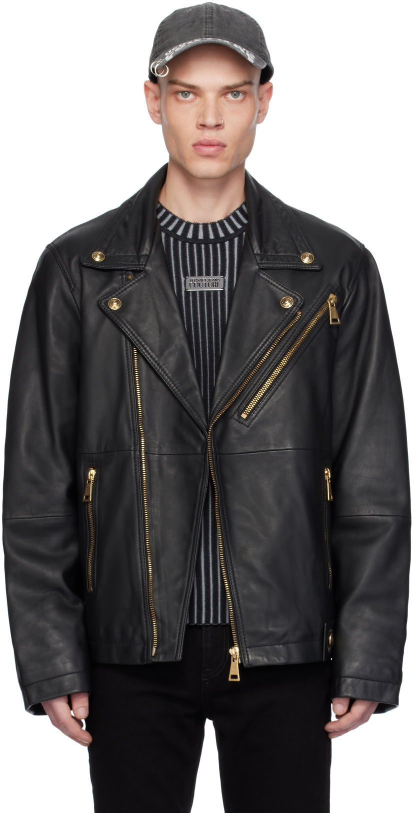 Jakna Versace Grained Leather Biker Jacket Crna | E77GAVP02_ECPPS3