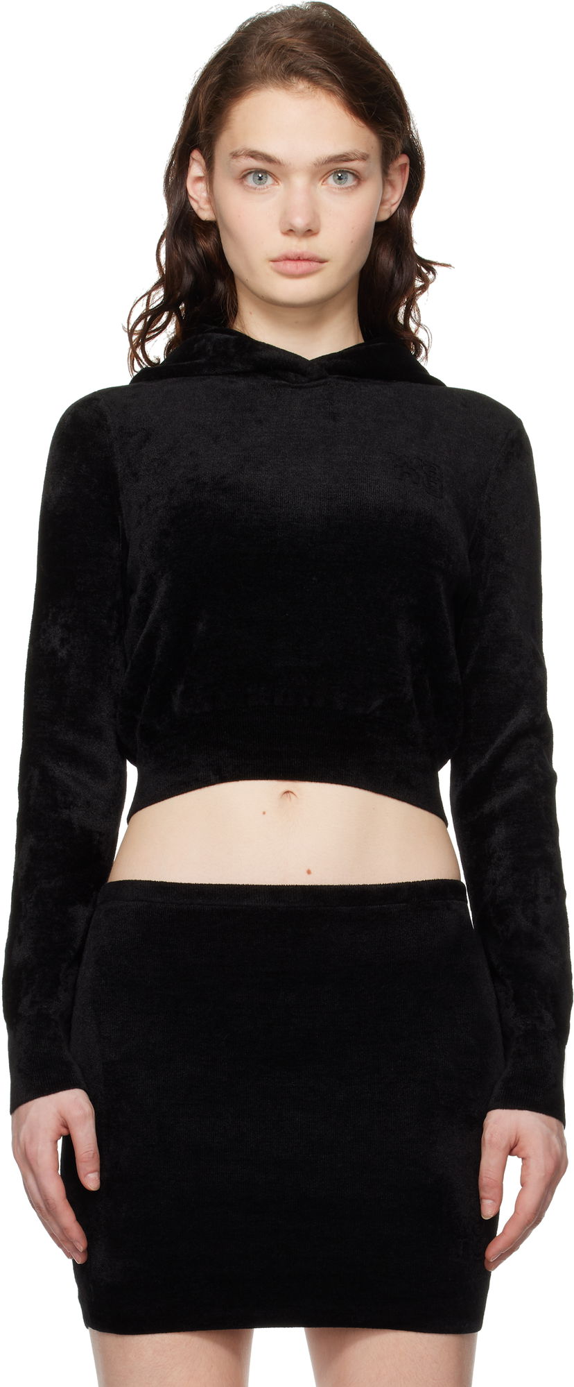 Dukserice Alexander Wang Alexander Wang Cropped Velour Hoodie Crna | 4KC4241002