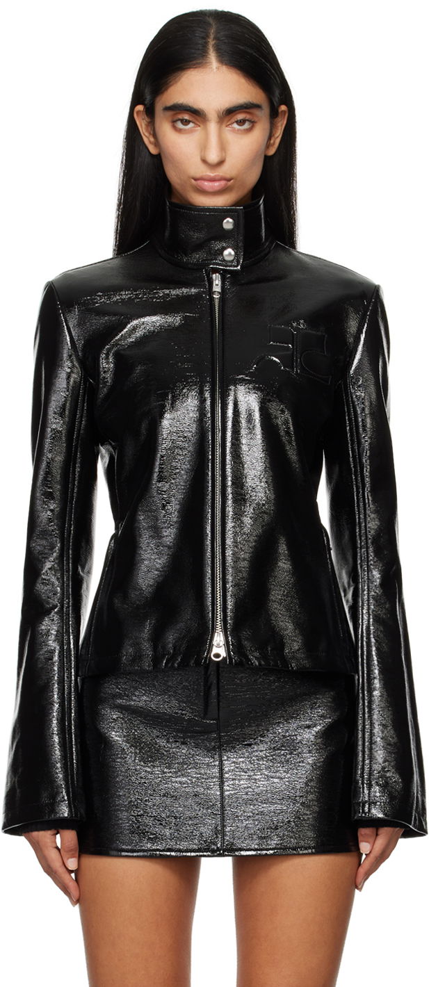 Bomber jakna Courrèges Embossed-Logo Patent Leather Jacket Crna | 324CBL194VY0014