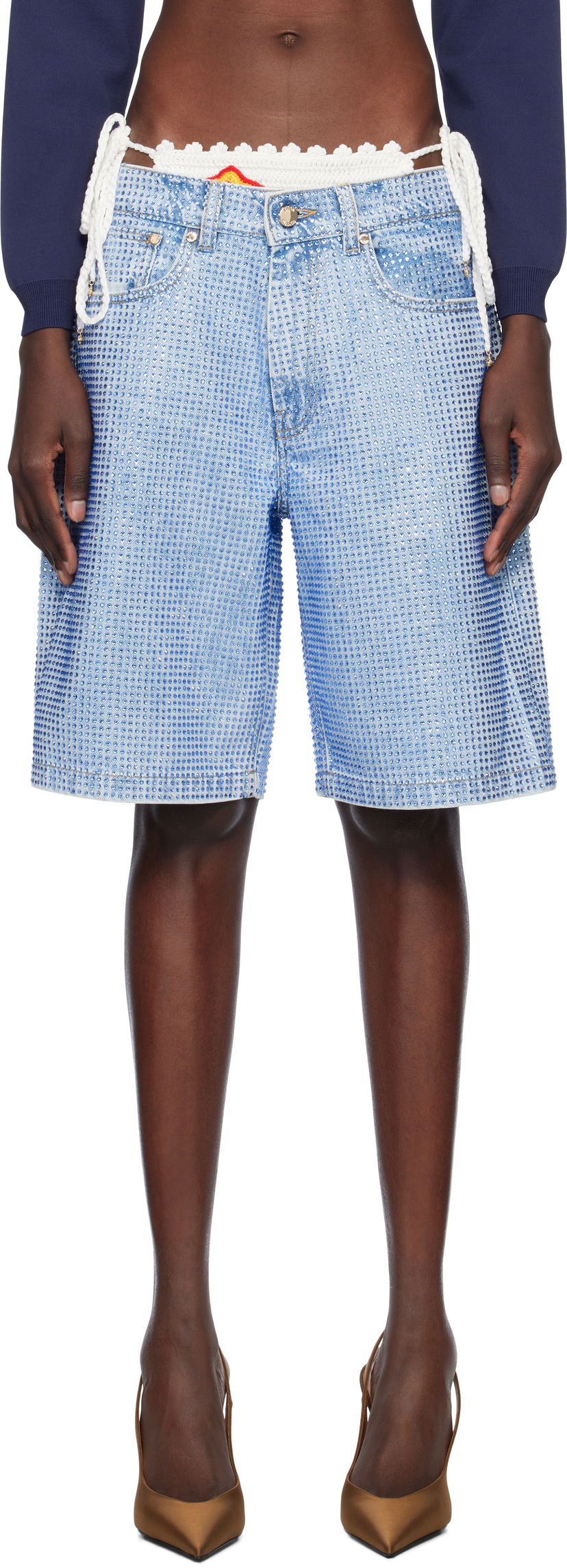 Kratke hlače Casablanca Casablanca Crystal Embellished Denim Shorts Plava | WS25-TR-280-01