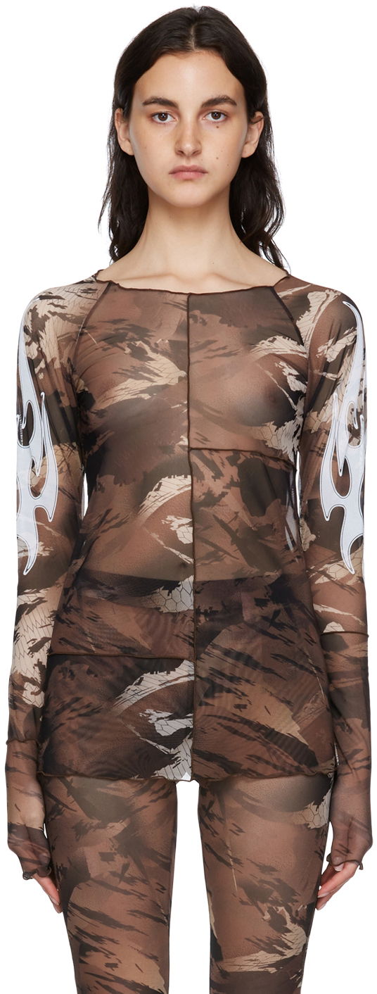 Majica kratkih rukava HERON PRESTON Nylon Long Sleeve T-Shirt Smeđa | HWAD028S22FAB0016401