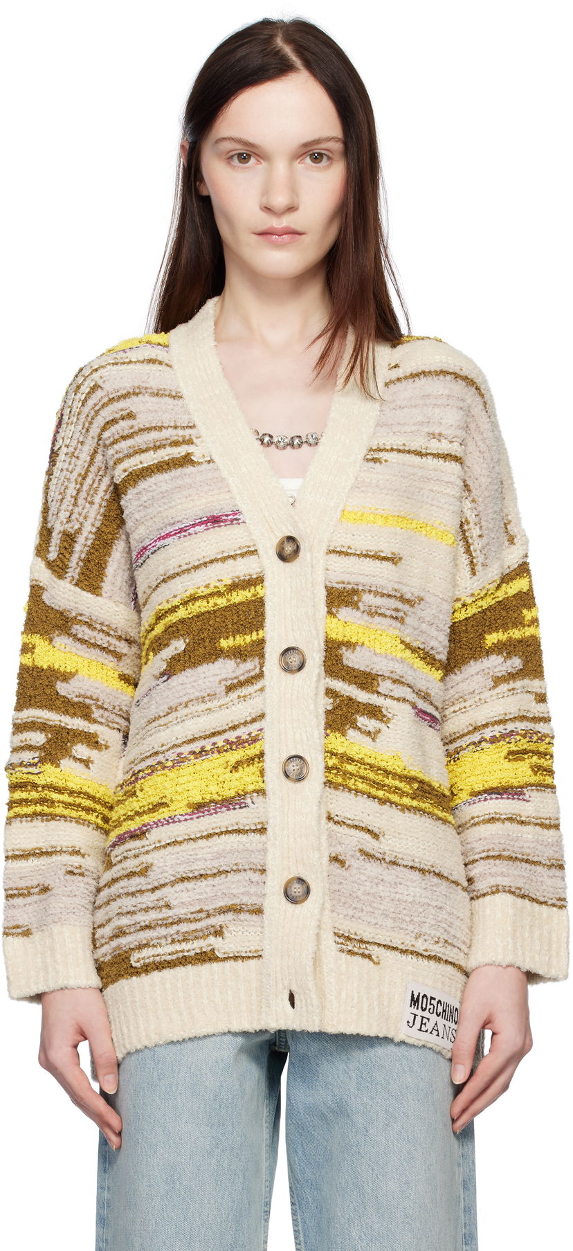 Džemper Moschino Jeans Striped Knit Cardigan Bež | 251K10681