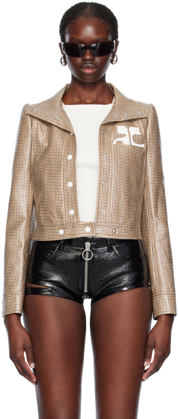 Jakna Courrèges Cropped Check Print Buttoned Jacket Smeđa | 124CBL005PR0042