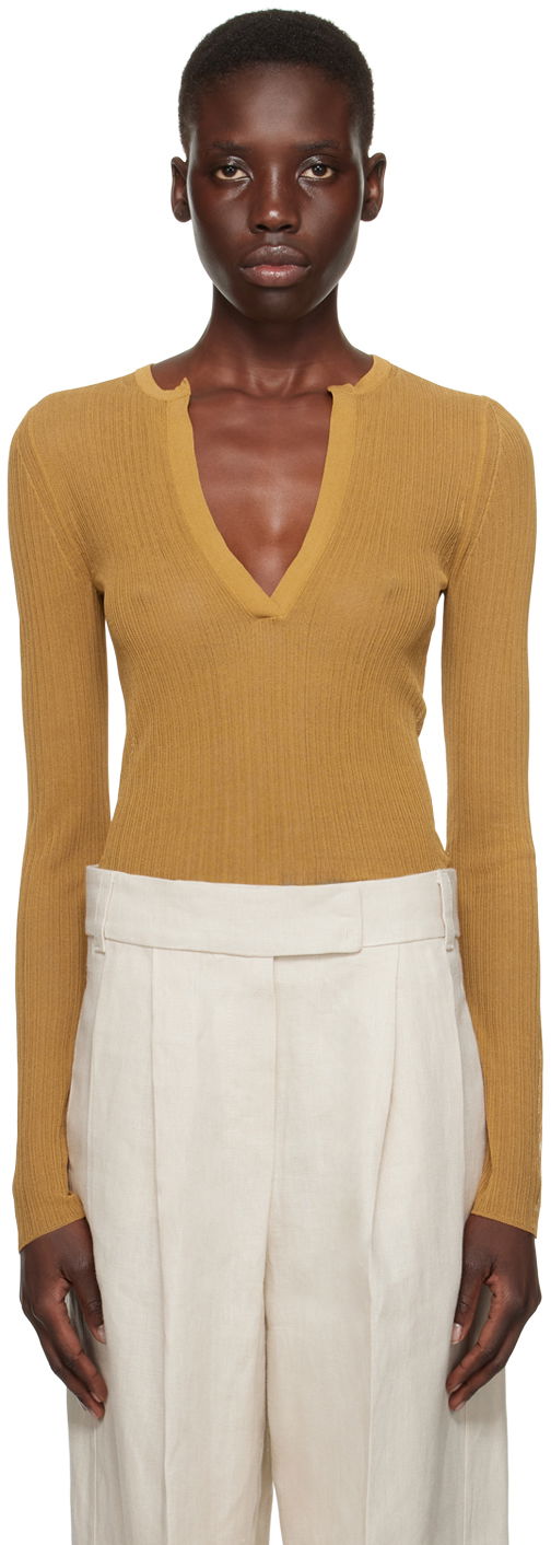Džemper Max Mara Ribbed Knit V-Neck Sweater Smeđa | 2411361053600006