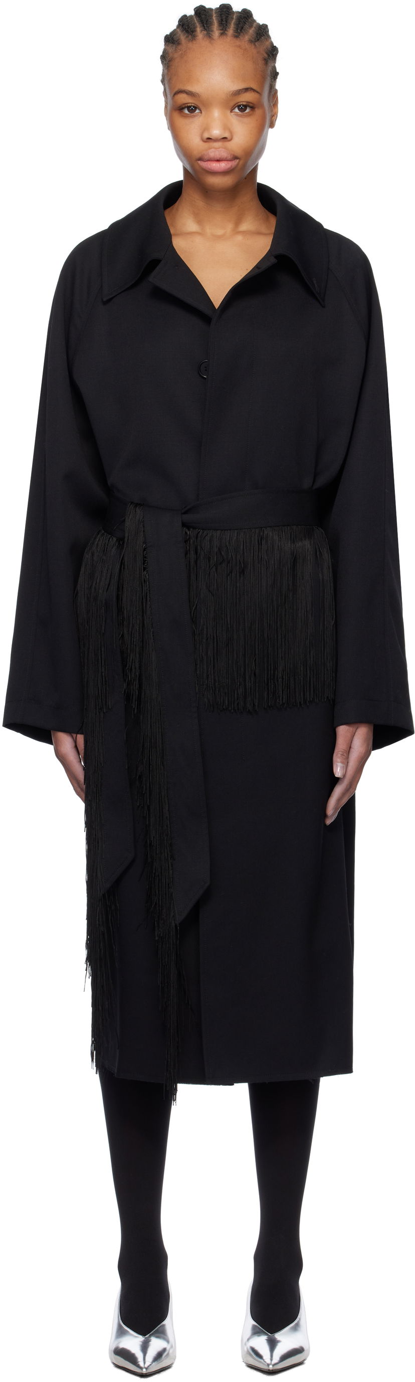 Kaputi Maison Margiela MM6 Maison Margiela Wool Gabardine Trench Coat with Fringed Belt Crna | S52AH0079 S78542