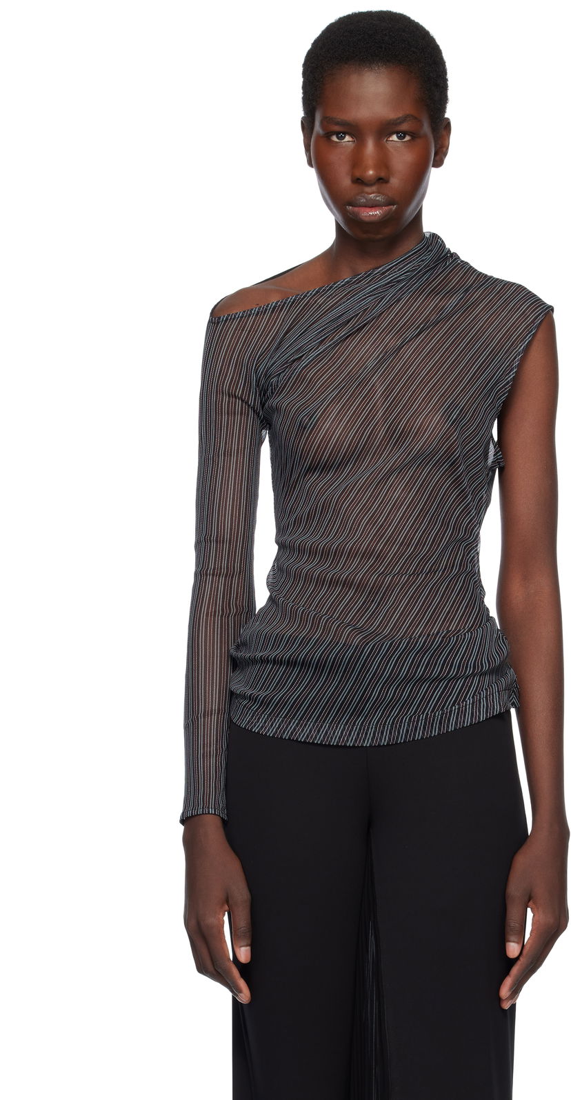Majica kratkih rukava Courrèges Courrèges Asymmetric Striped Mesh Top Crna | 125JTO387PR0099
