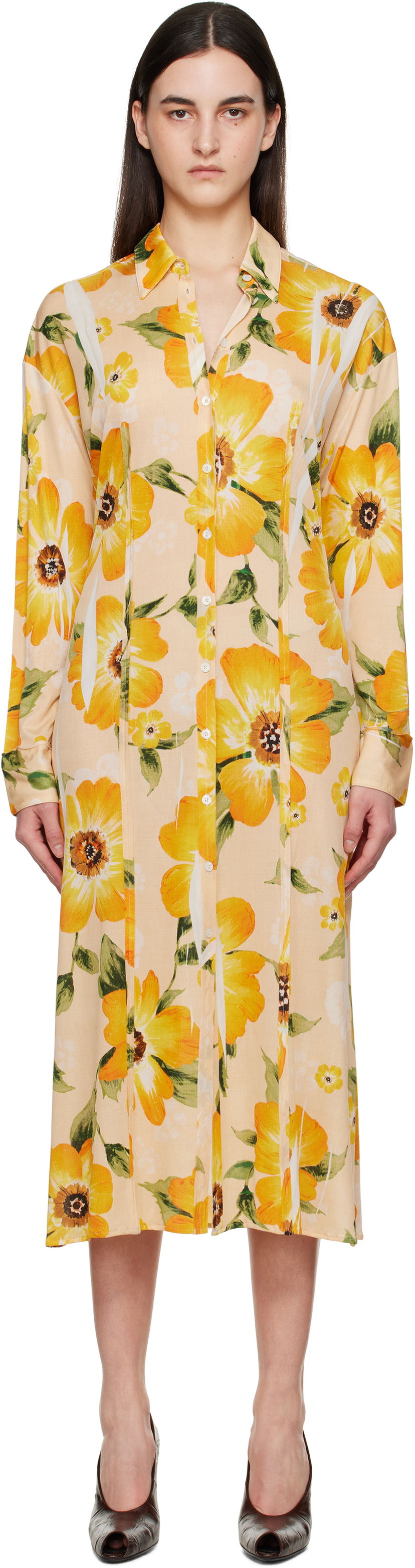 Haljina Acne Studios Acne Studios Button-Up Floral Print Midi Dress Žuta | A20803-