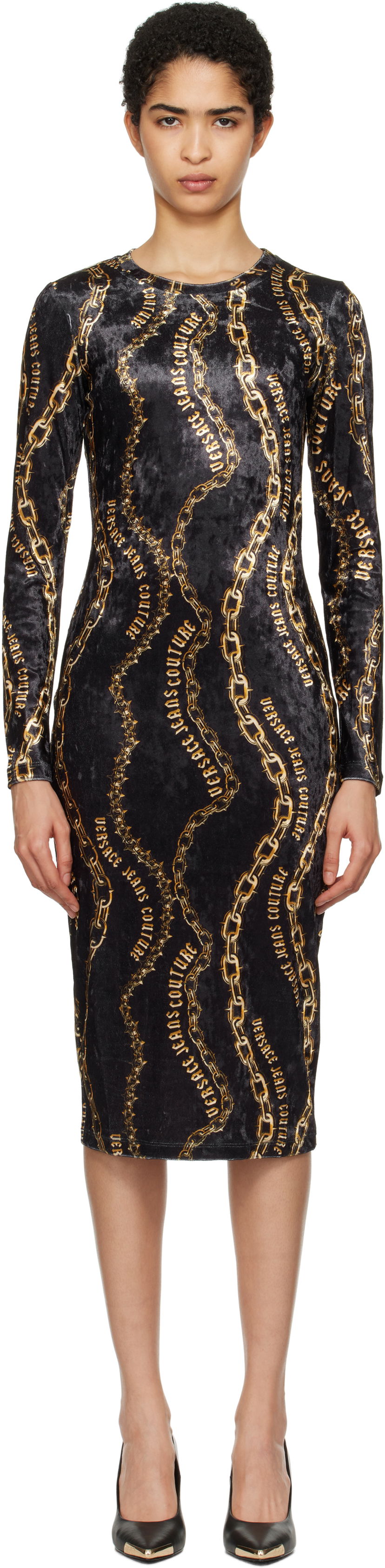 Haljina Versace Chain Couture Velvet Midi Dress Crna | E77HAO9B0_EJS367