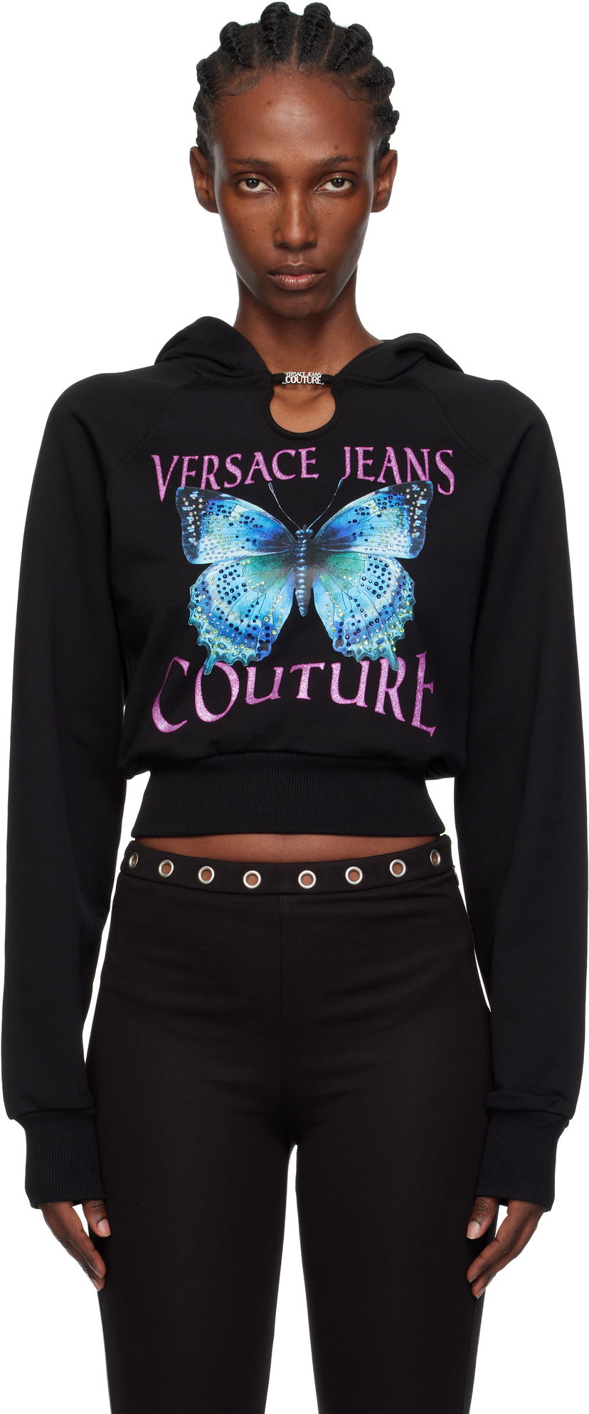Dukserice Versace Versace Jeans Couture Butterfly Graphic Cropped Hoodie with Keyhole Detail Crna | 79HAIB01-CFB00