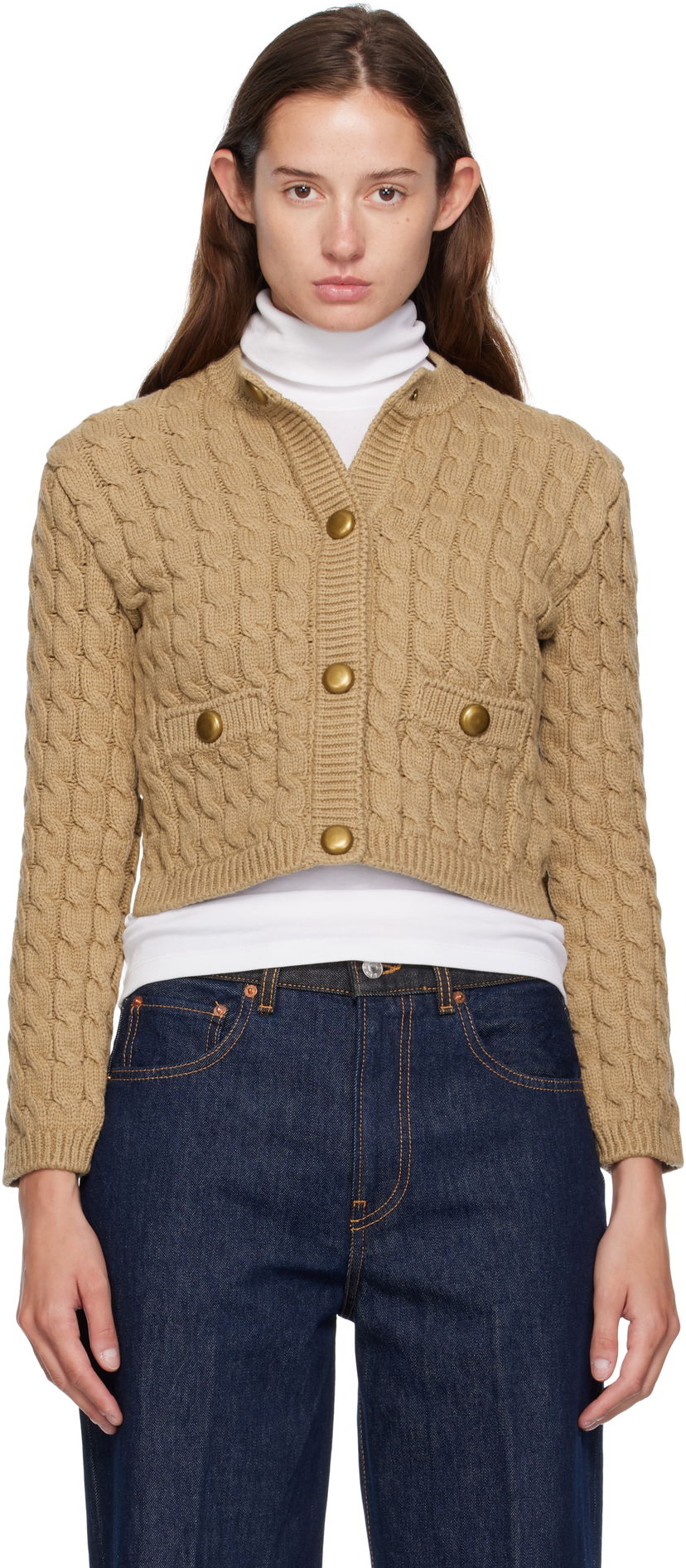 Džemper Moncler Moncler Cotton Blend Knit Cropped Cardigan Bež | 0939B00004M7105