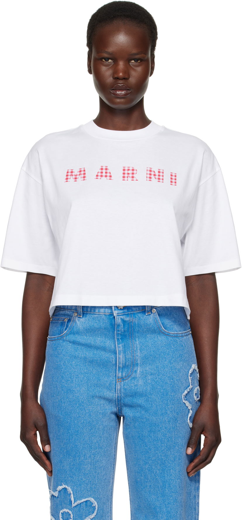 Crop top Marni Marni Cropped Checked Logo T-Shirt Bijela | THJE0333P6 USCX52