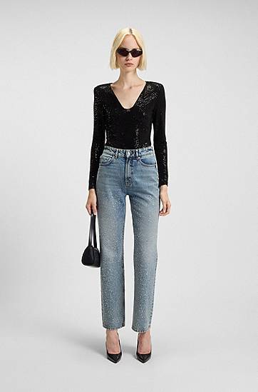 Body BOSS Sparkling bodysuit in stretch jersey with stacked-logo trim Crna | 50546238, 1
