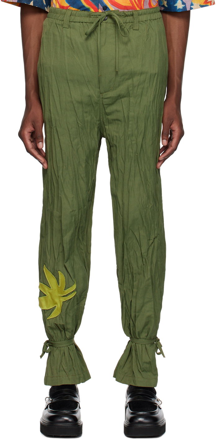 Hlače Marni No Vacancy Inn Edition Crinkled Drawstring Trousers with Leaf Appliqué and Tied Cuffs Zelena | PUMU0228SX UTN906