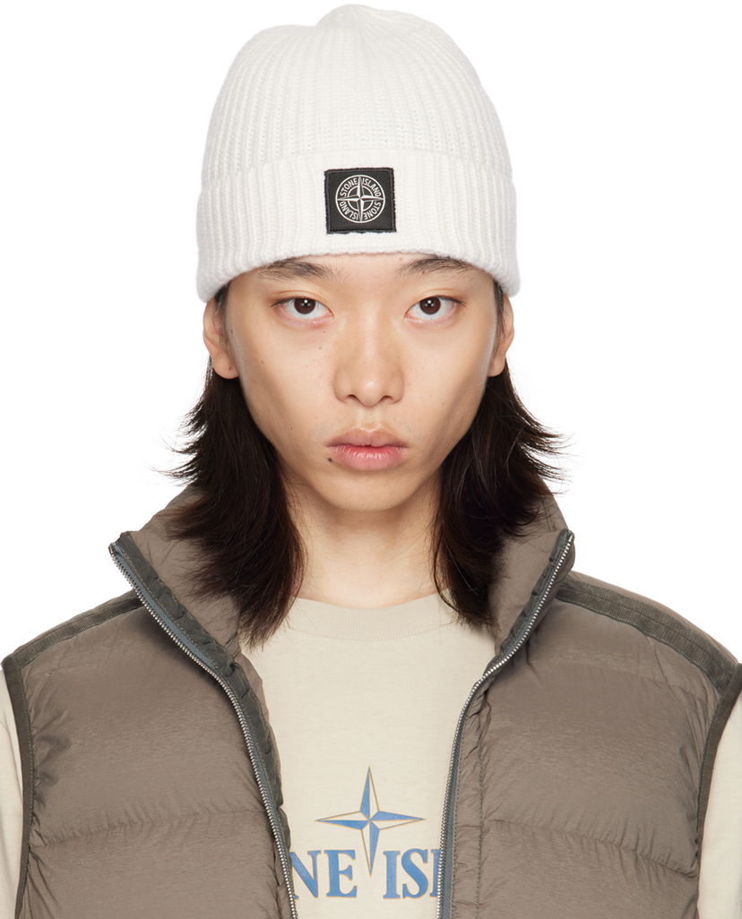 Kapica Stone Island Off-White Knitted Badge Beanie Bijela | 8115N10B5