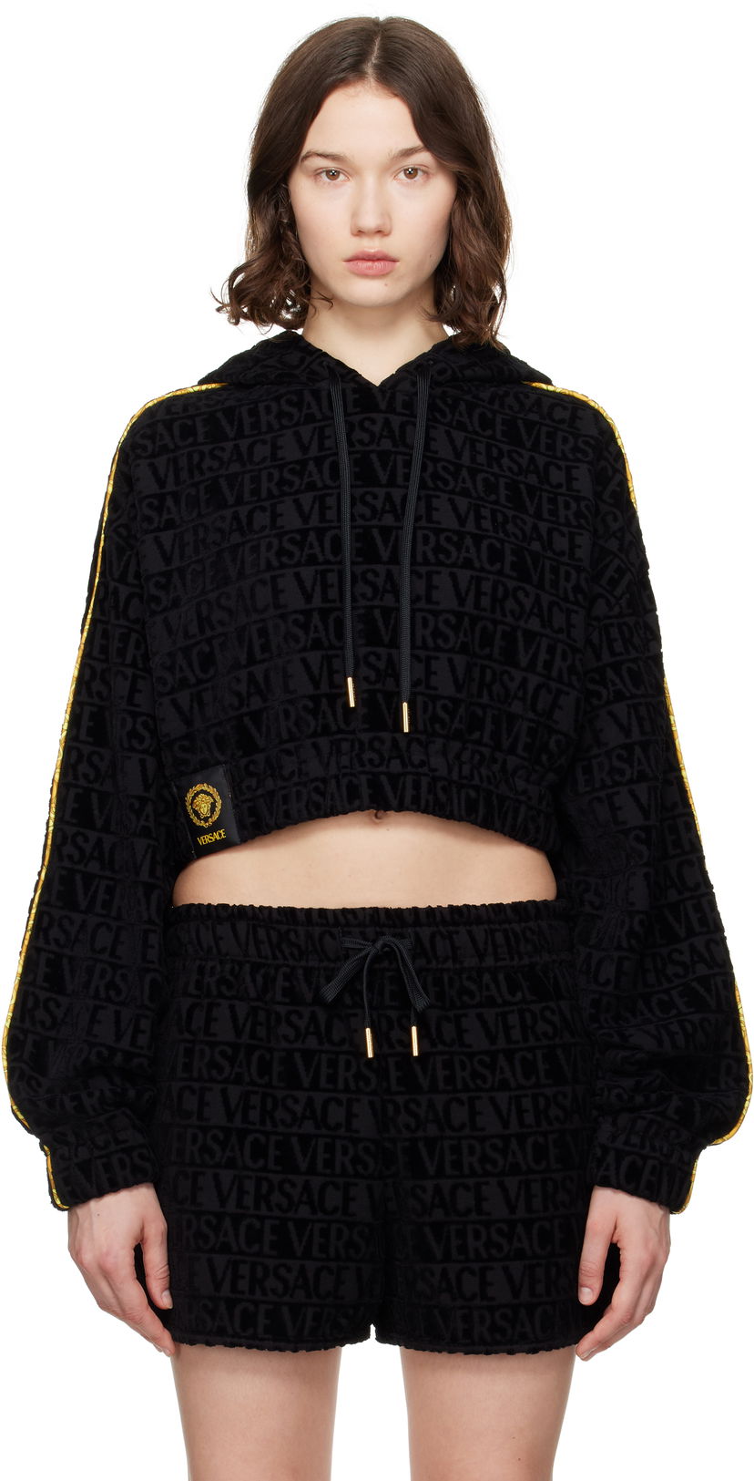 Dukserice Versace Versace 'I Heart Baroque' Crop Velour Hoodie Crna | 1020144_1A14584
