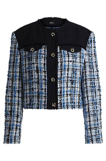 Jakna BOSS Contrast Panel Tweed Jacket with Knot Buttons Plava | 50531888