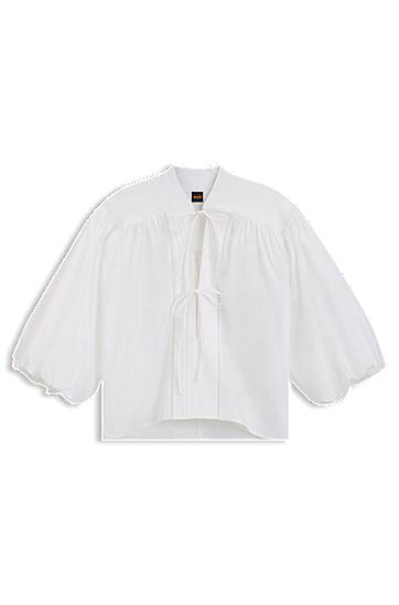 Košulja BOSS Relaxed-Fit Cotton Poplin Blouse with Tie Neckline Bijela | 50552766