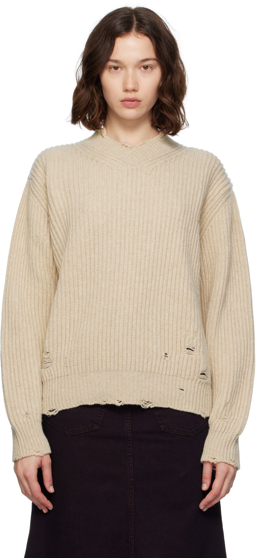 Džemper Maison Margiela MM6 Maison Margiela Distressed Wool Sweater Bež | S52HN0011 M13138