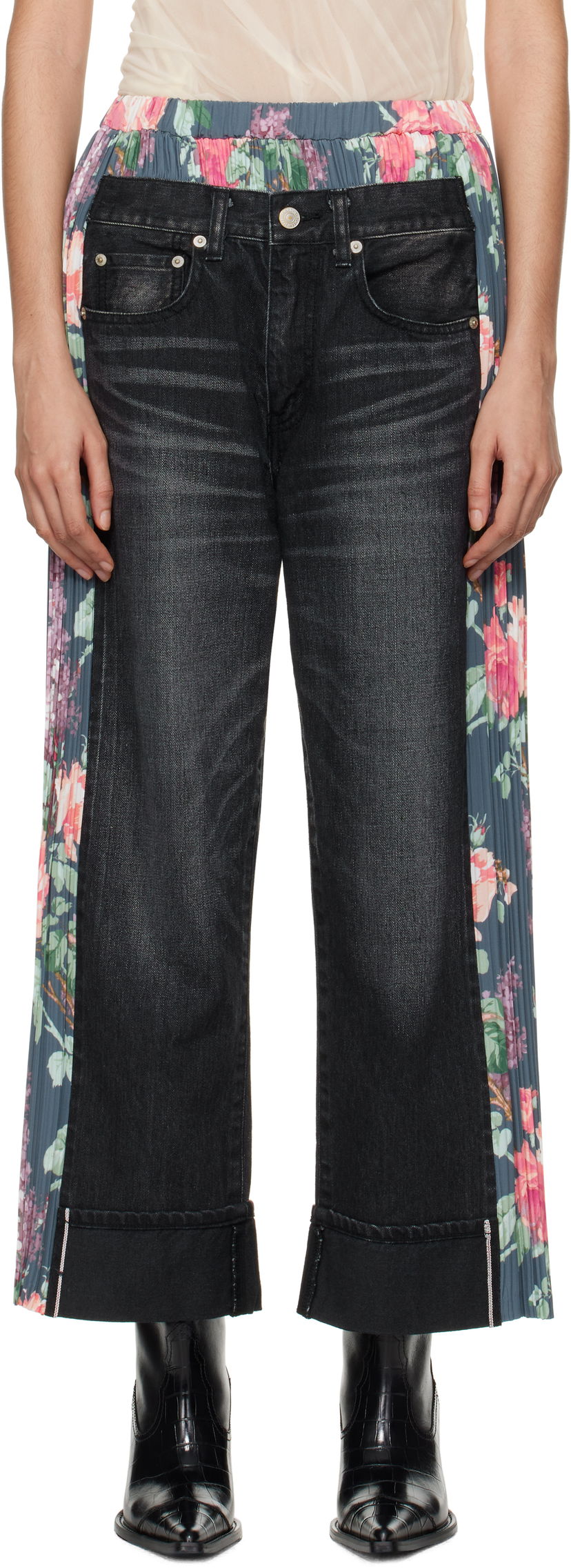 Jeans Junya Watanabe Flower Print Panel Jeans Crna | JN-P107-100