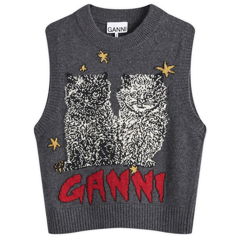 Džemper GANNI Graphic Wool-Blend Vest with Cat Motif Siva | K2375-084