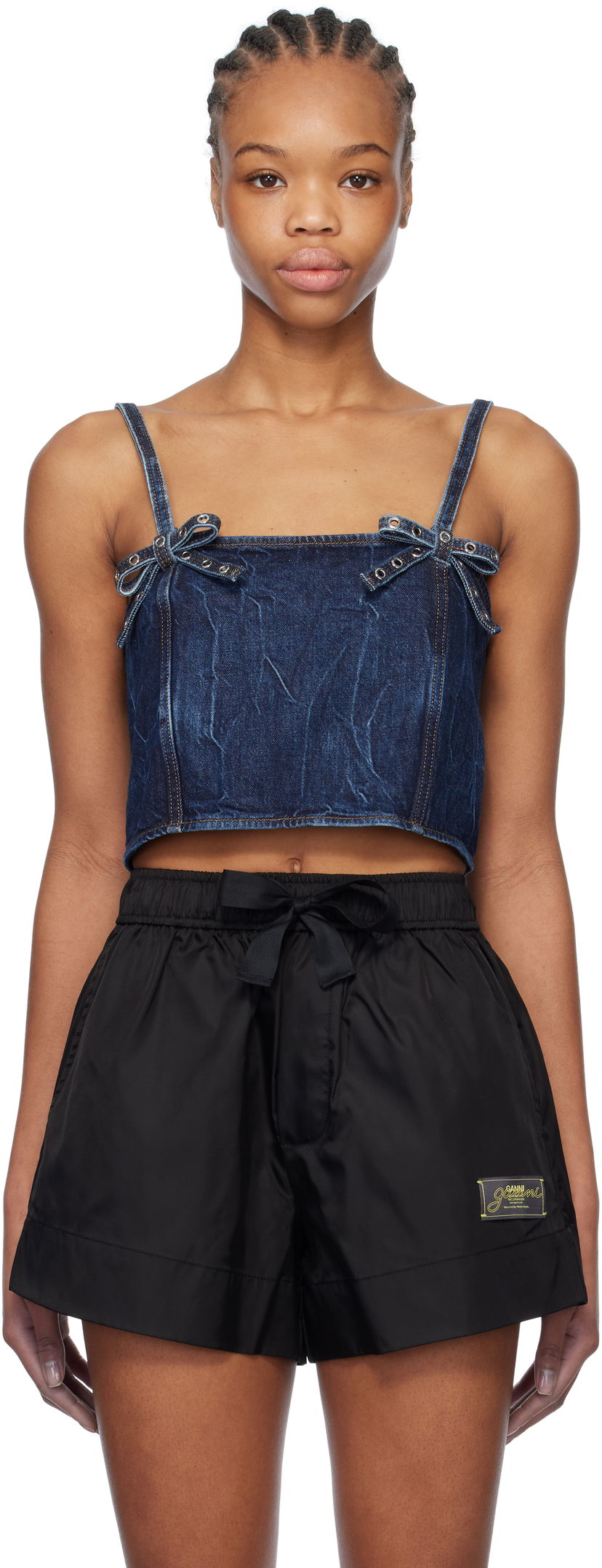 Majica bez rukava GANNI Blue Crinkled Future Denim Strap Top Tamnoplava | J1592