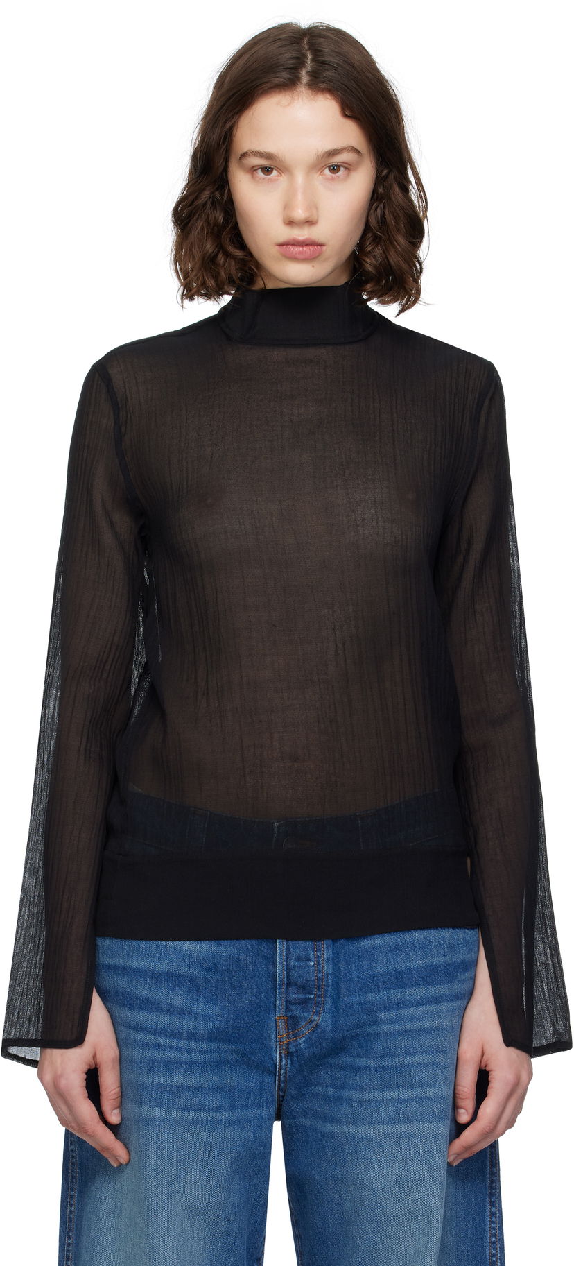 Košulja TOTEME TOTEME Slit Sleeve Mock Neck Blouse Crna | 253-WRT0546-FB0462