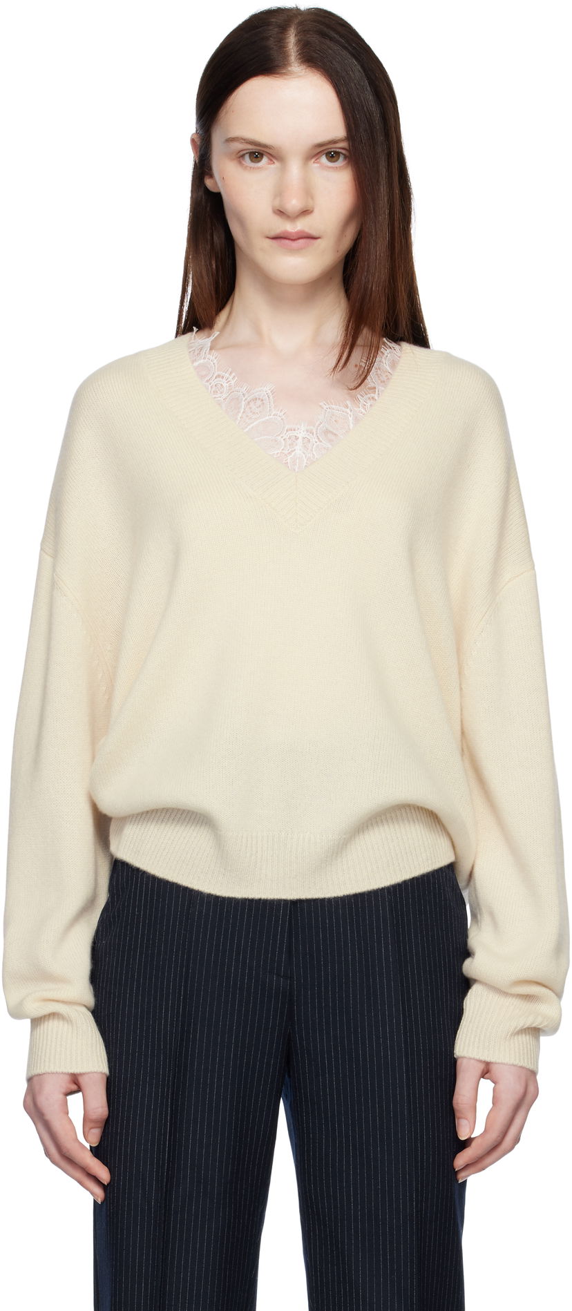 Džemper Anine Bing ANINE BING Lee Lace-Trim V-Neck Sweater Bež | A-09-3280-101
