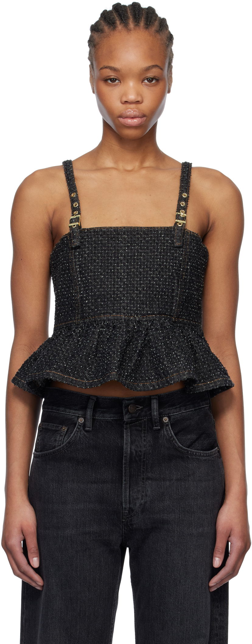 Crop top GANNI Ganni Fluffy Denim Strap Top Crna | J1615