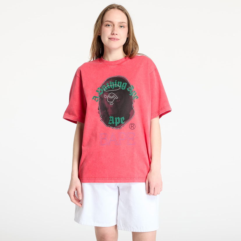 Majica kratkih rukava BAPE A BATHING APE Garment Dye Rhinestone Ape Head Relaxed Fit Tee Ružičasta | 001CSL301309MRED