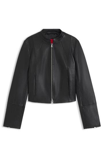 Jakna BOSS Stand Collar Leather Jacket Crna | 50541262