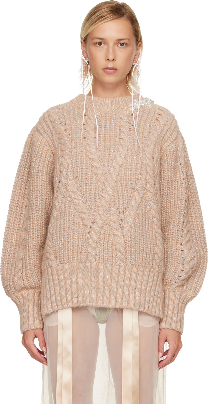 Džemper Simone Rocha Simone Rocha Embellished Puff Sleeve Chunky Knit Sweater Bež | MZMK4B 0665