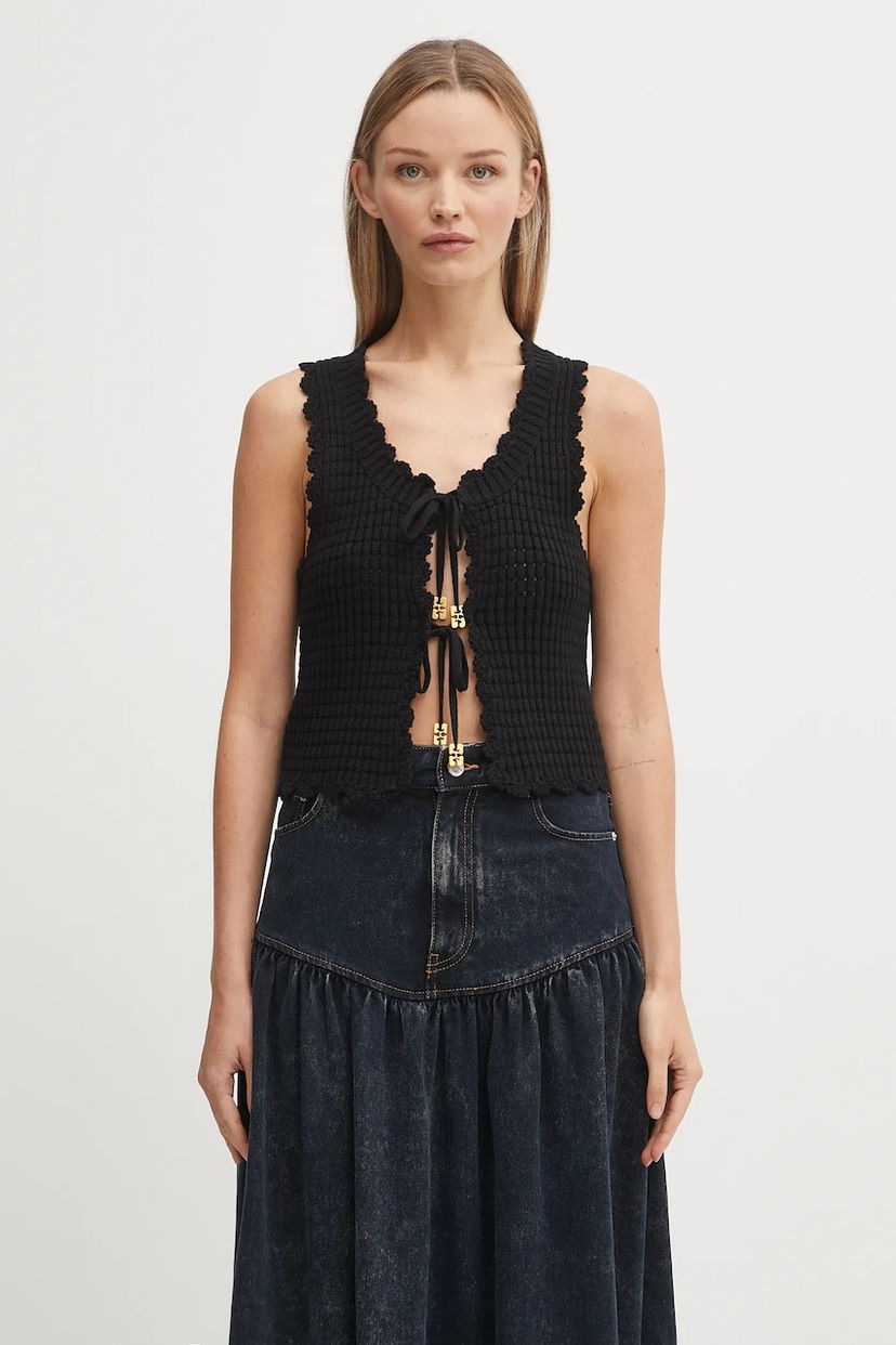 Prsluk GANNI GANNI Cotton Textured Lace Tie-Front Vest Crna | K2541