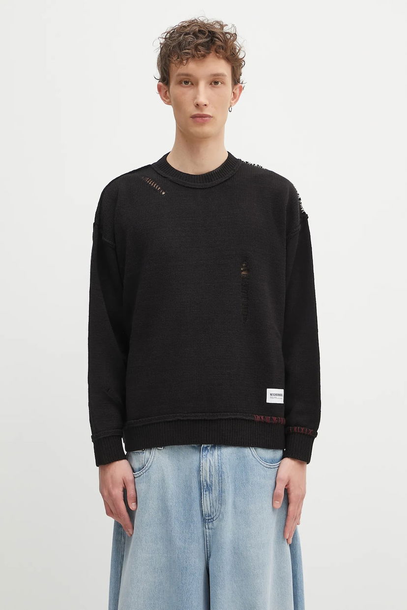 Džemper Neighborhood NEIGHBORHOOD Savage Crewneck Distressed Sweater Crna | 242FUNH.KNM01
