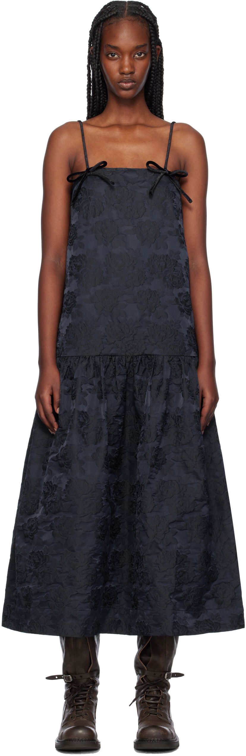 Haljina GANNI Botanical Jacquard Strap Midi Dress Crna | F9705