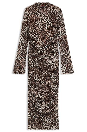 Haljina BOSS Leopard Print Gathered Midi Dress Smeđa | 50546239
