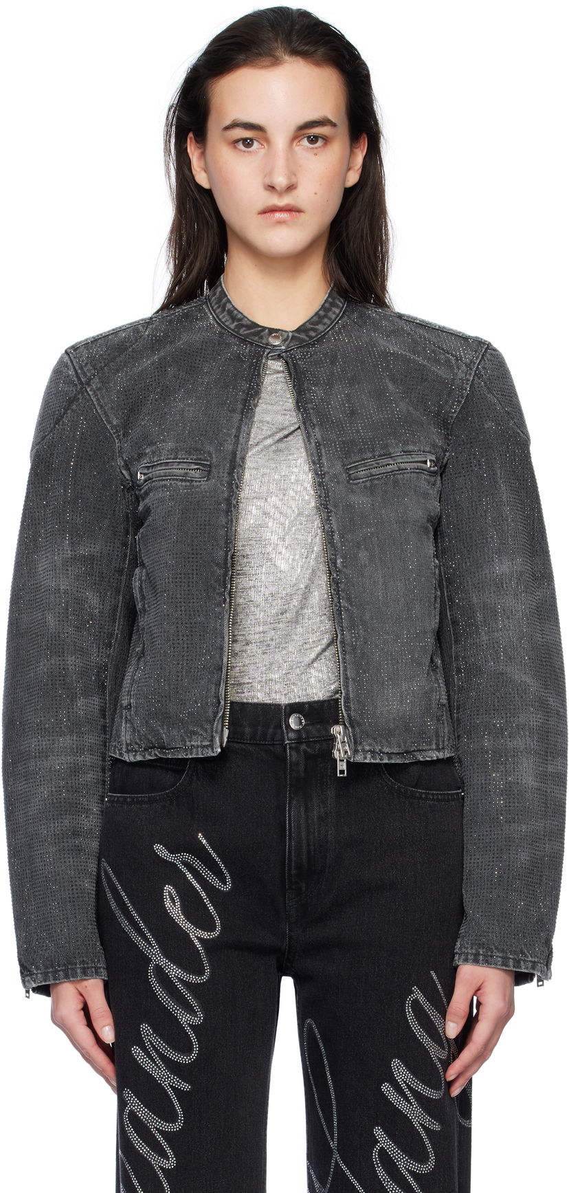 Bomber jakna Alexander Wang Crystal Embellished Moto Jacket Crna | 1WC4242492