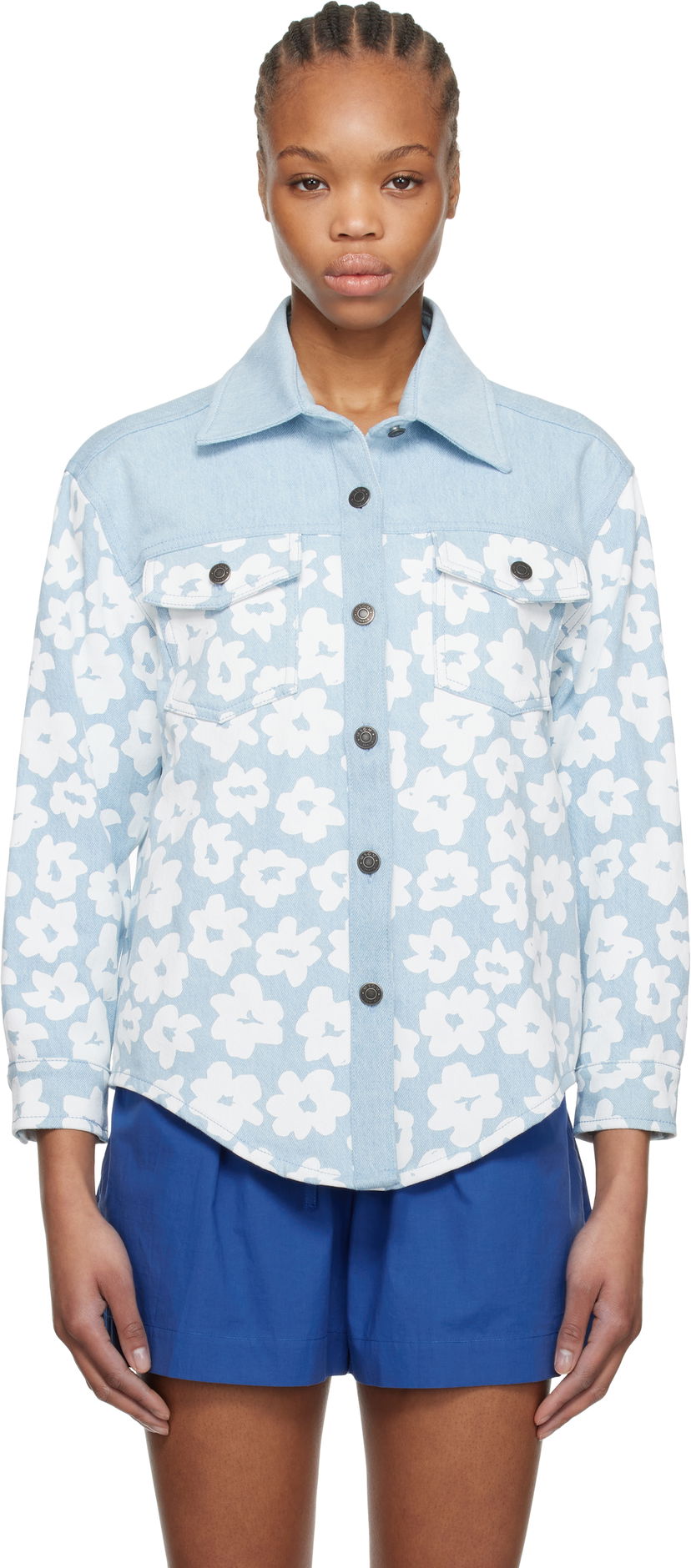 Košulja MSGM MSGM Floral-Print Denim Shirt Plava | 3841MDE231 257272