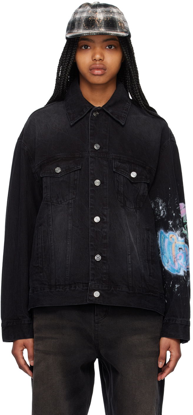 Jakna We11done Graphic Print Denim Jacket Crna | WD-DJ1-23-317-U-BK