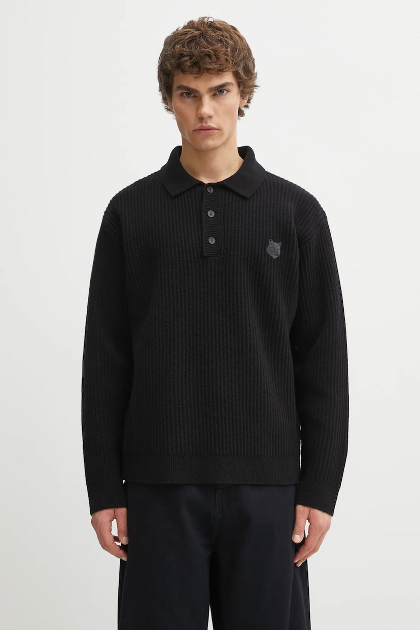 Polo majica MAISON KITSUNÉ Fox Head Wool Ribbed Polo Crna | PM00213KT1149
