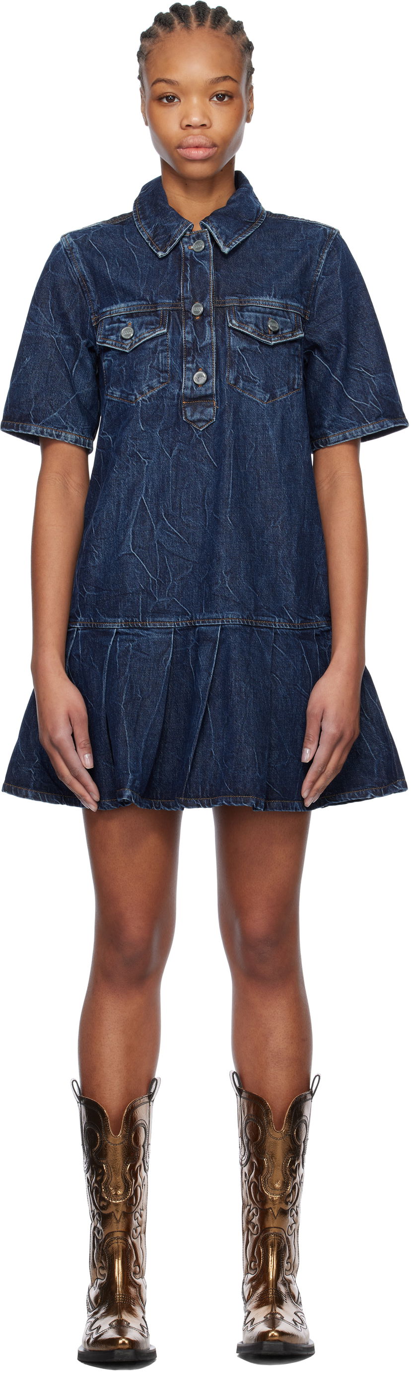 Haljina GANNI Ganni Crinkled Future Denim Mini Dress Plava | J1594