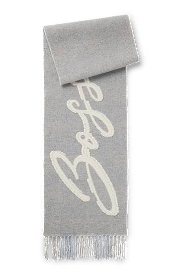 Šal BOSS Wool-blend Scarf with Script Logo and Fringes Siva | 50558654