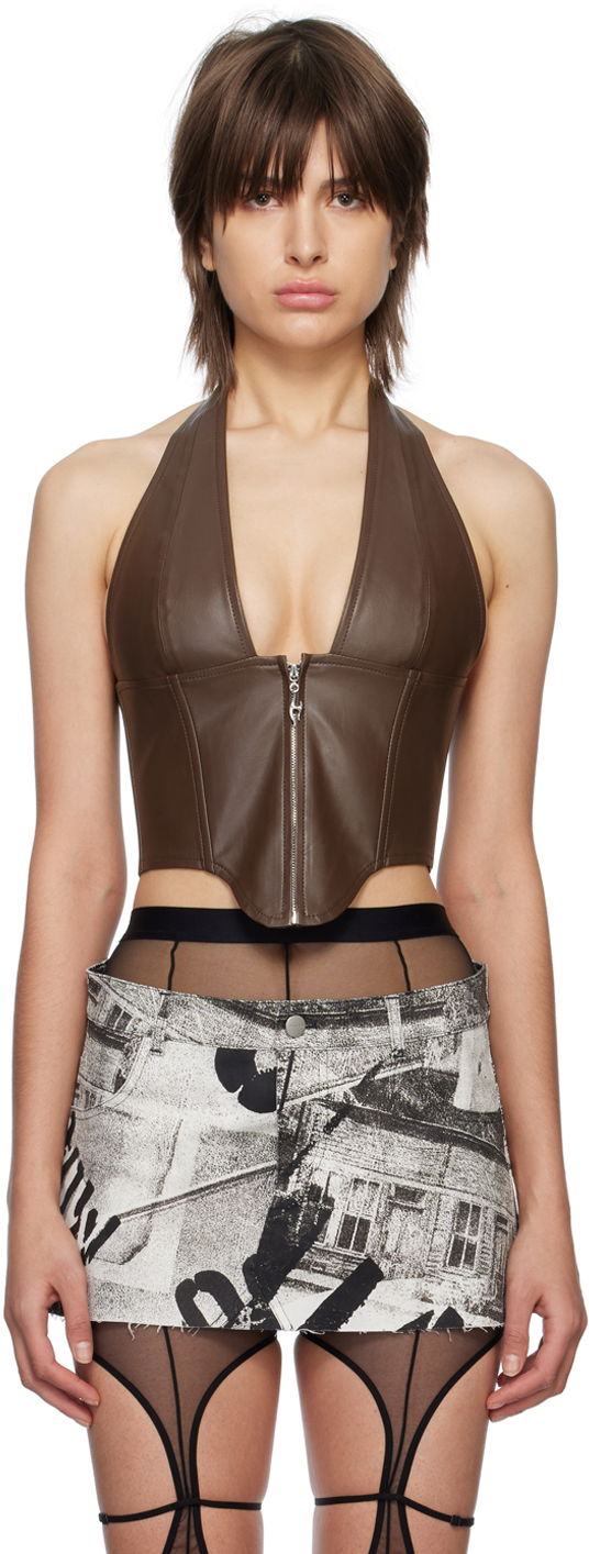 Majica bez rukava Miaou Miaou Hannah Jewett Edition Mara Faux-Leather Halter Top Smeđa | 7087VLBRN