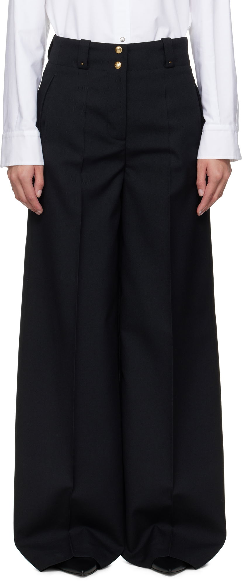 Hlače Moncler Moncler Wool Wide-Leg Trousers Crna | K20932A00007597SZ