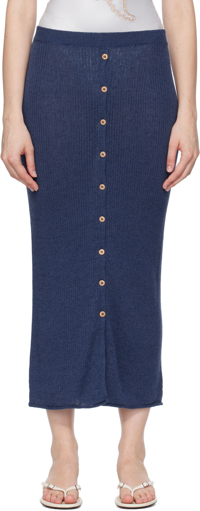 Suknja Baserange Baserange Ribbed Knit Midi Skirt with Button Closure Tamnoplava | SKDR-LI-SU25